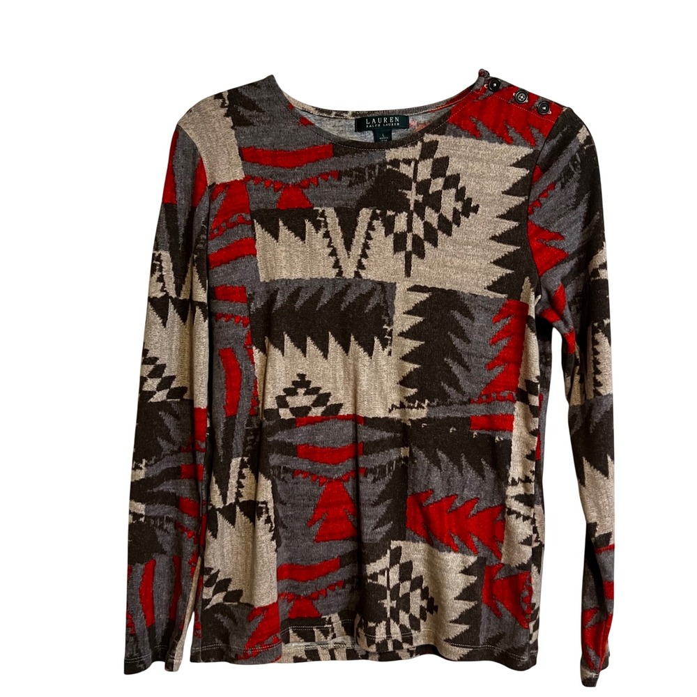 Lauren Ralph Lauren Womens Large Southwestern Geometric Cotton Long Sleeve Top